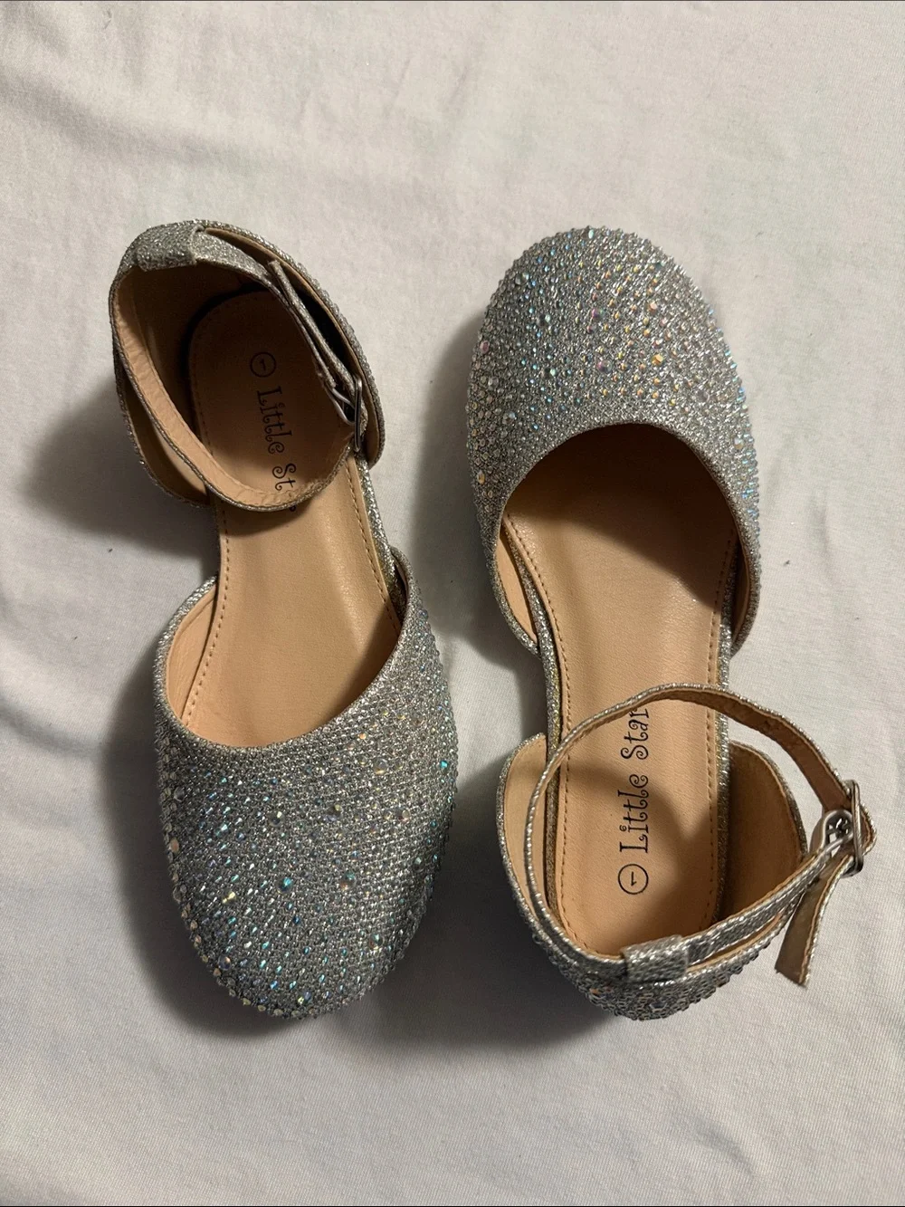 Sparkling Silver Ankle-Strap Dress Flats for Kids